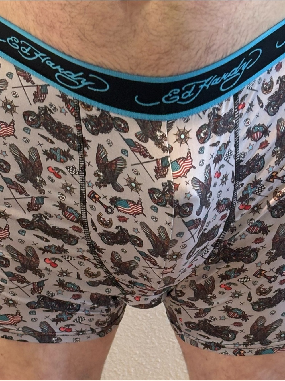 Ed Hardy Men's Tattoo-Print Boxer Briefs in Light Gray with Teal Trim